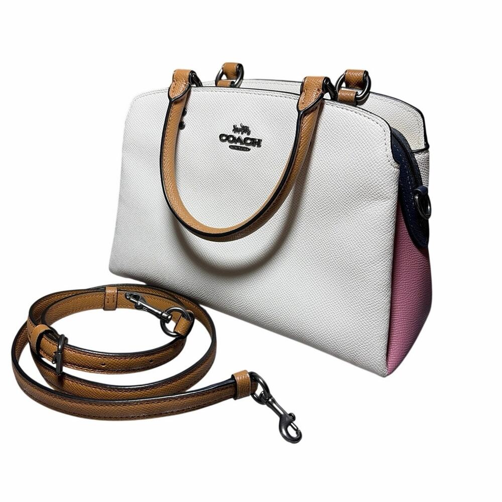 Coach Mini Lillie Carryall Cream Pink Navy Tan GREAT Condition Satchel Crossbody